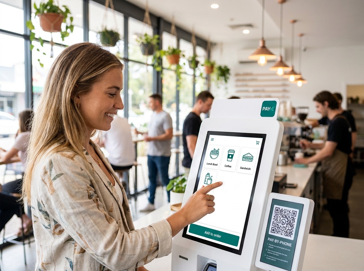 A customer ordering lunch on a PAY-E self-order kiosk in a café