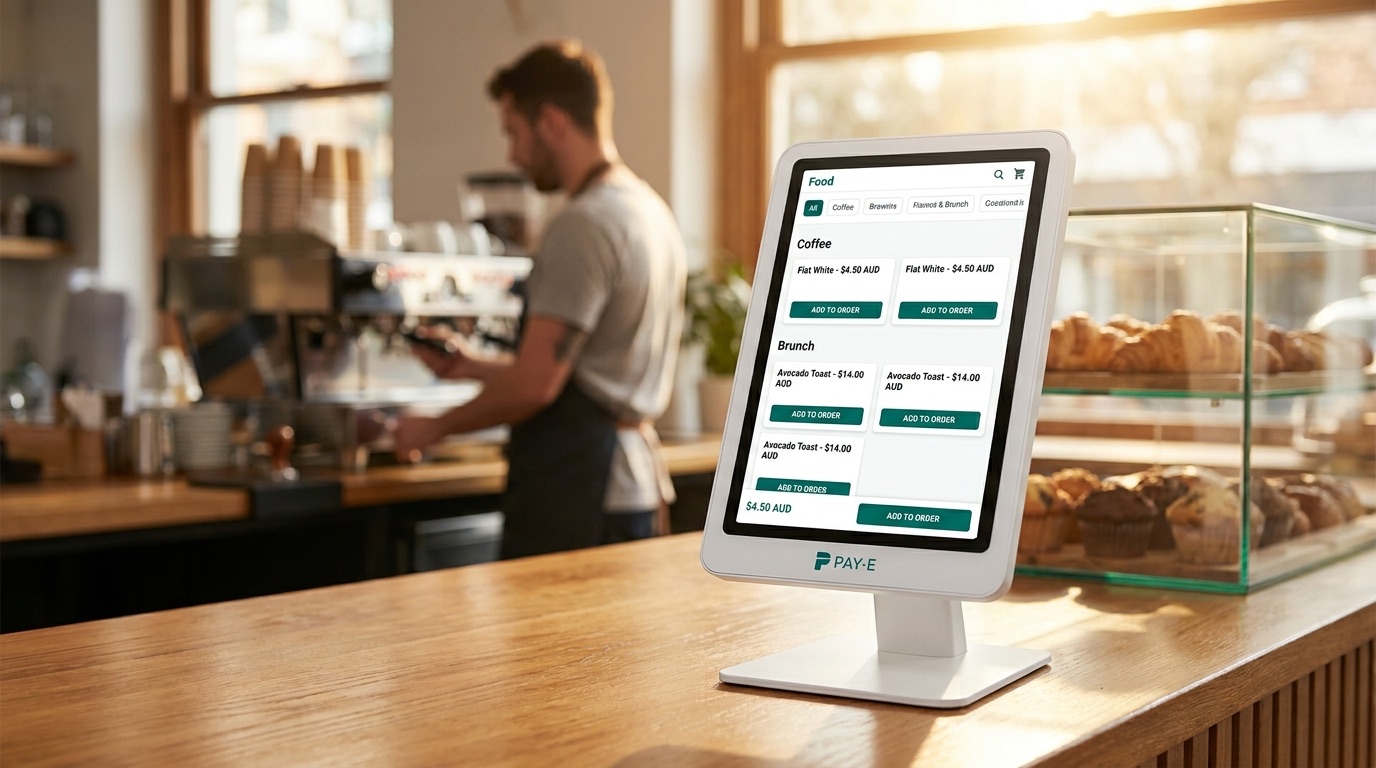 A PAY-E self-order kiosk on the counter of an Australian café