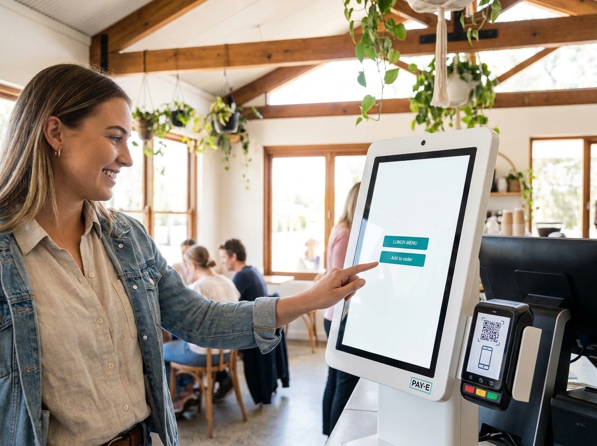 A customer paying on a PAY-E kiosk with QR pay